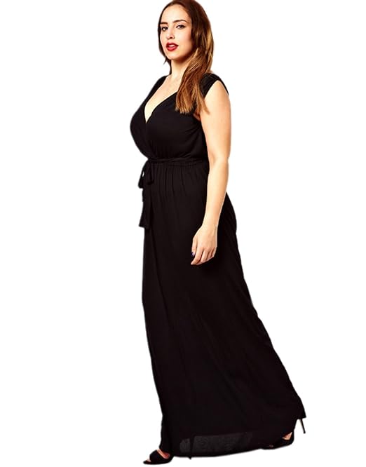 Meilaier Womens Summer Plus Size Sexy V Neck Maxi Long Dress Black, Rose (US 16, Black)