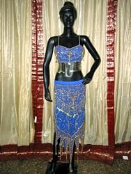 Royal Blue Bra Choli Hip Wrap Scarf Coin Bellydance Costume M