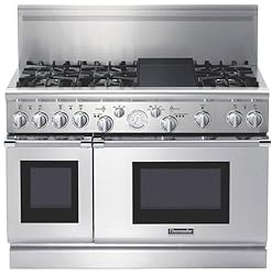 Thermador Pro Grand Series PRG486EDPG 48 All-Gas Range with 6 Star Burners, 2 w/ExtraLow Simmer, 5.7 cu. ft. Capacity and 2.5 cu. ft. Capacity Ovens, Telescopic Racks and Black Porcelain Surface, Titanium-Surface Electric Griddle (Converts to Grill with Optional Grill Accessory)