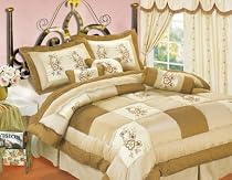 Flower Garden Brand New Brown 7Pcs Queen Comforter bed in a bag with Decorative Pillows, Queen
