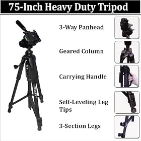Click here to buy 75 Professional Heavy Duty 3-Way Pan Head Tripod For The JVC GY-HD110U, HD200U MiniDV....