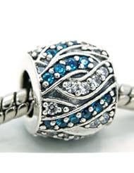 .925 Sterling Silver " Barrel Style Weaved Cubic Zirconia in Turquoise and White " Bead Compatible with Pandora Chamilia Kay Troll Bracelet