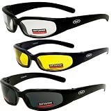 (3) New Size Small Motorcycle Glasses Clear Smoked Yellow Have UV400 Foam Padded... 