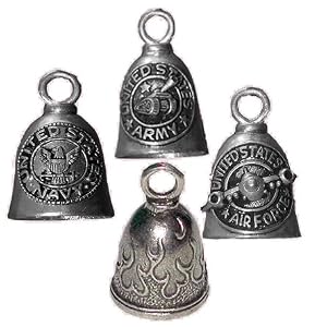 Guardian® Bell for your Harley-Davidson® motorcycle, bike, automobile, or use a key ring. All pewter. US Navy, US Army, US Air Force, or Flame Bell. Made in USA.