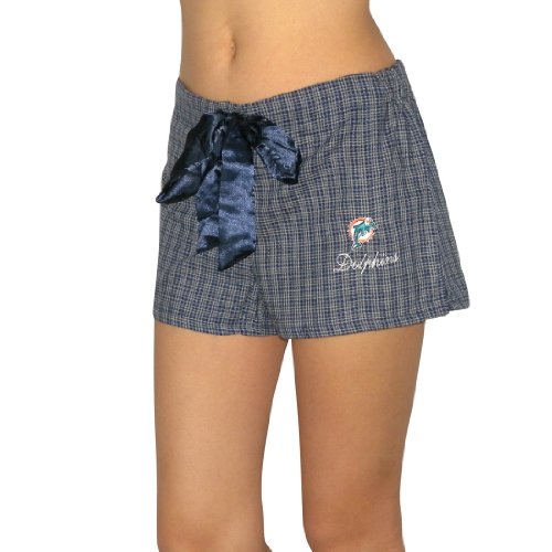 Womens NFL Miami Dolphins Plaid Cotton Pajama Lounge Shorts with Embroidered Logo - Blue & Grey (Size: S)