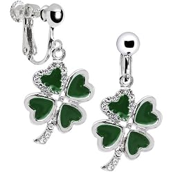 Jeweled Heart Shamrock Clip On Earrings