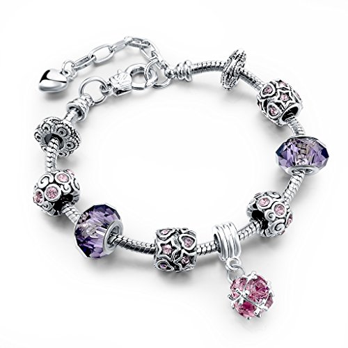 Long Way ® Handmade Purple Beads Carved Bracelet Silver Plated Snake Chain Cubic Crystal Ball Charm Bracelet For Women & Men