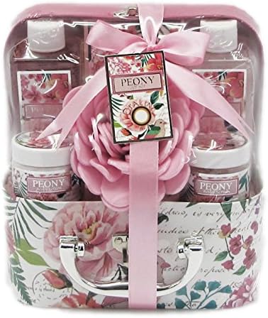 Peony Luxury Bath Spa Gift Set in Suit Case Box - Shower Gel, Bubble Bath, Body Lotion, Body Scrub, Bath Salts, Bath Sponge