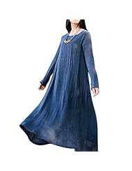 Shift Linen/Polyester Round Neck Pleated Maxi Dress 