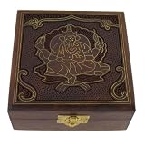 Boîte à bijoux carrée en bois - Représentation de Ganesh en laiton - Coffret entièrement fait main en Inde - Accessoire de rangement motifs hindous - Cadeau unique pour femme