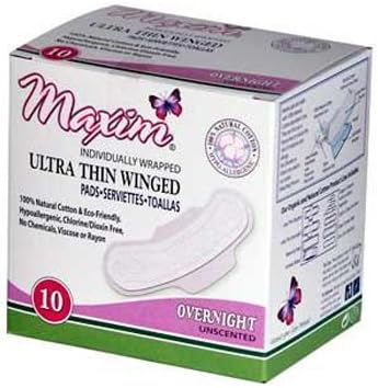 Maxim Hygiene Natural Cotton Ultra Thin Winged Pads Overnight - 10 Pads