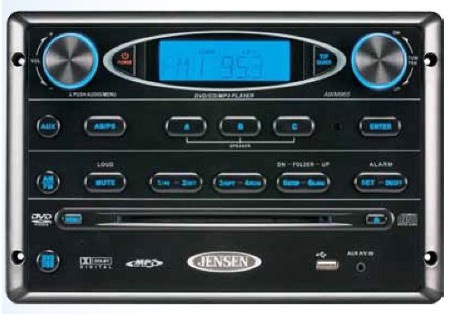 Jensen AWM965 AM/FM|CD|DVD|MP3/USB Wallmount Stereo, DVD player, Front USB supports MP3, WMA, JPEG, Remote control included, 12 volt