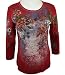 Cactus Fashion 3/4 Sleeve, Rhinestone Studded, Artfully Printed Cotton Crimson Colored Top - Roses