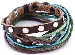 DonDon Lederarmband braun mit Nieten zum Umwickeln im Surferlook in schwarzem Samtbeutel
