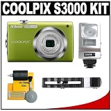 cheap Nikon Coolpix S3000 12.0 Megapixel Digital Camera with 4x Optical Zoom (Green) with + Flash + Cleaning Kit