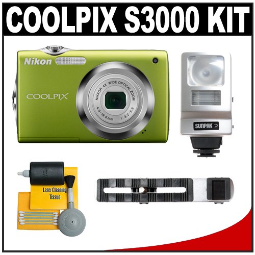 Nikon Coolpix S3000 12.0 Megapixel Digital Camera with 4x Optical Zoom (Green) with + Flash + Cleaning Kit