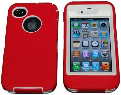 Iphone 4 4S Body Armor Defender Red and Whtie - Comparable to Otterbox Defender + 1 Cool Colors USB charger cord for iphone &amp; Silicon Braclet
