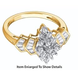 Stunning Yellow Gold 1/4 CTW Diamond Cluster Ring With Round And Baguette Cut Diamonds