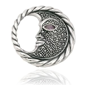 Sterling Silver Marcasite and Amethyst Moon Face Pin by