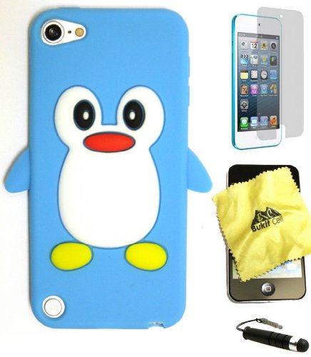 BUKIT CELL (TM) Apple iPod Touch 5 Penguin Silicone Case (SKY BLUE) + BUKIT CELL Trademark Lint Cleaning Cloth + Screen Protector + WirelessGeeks247 METALLIC Touch Screen STYLUS PEN with Anti Dust Plug