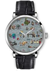 SPRAWL Aanalog Fashion Series Silver Ladies Watches of Genuine Black Leather Strap,Unique Wrist Watch for Women Girls Designed with Cartoon characters
