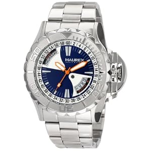 Haurex Italy Men\’s 7A365UB1 Black Sea Blue Dial Day and Date Minute Track Steel Bracelet Sport Watch