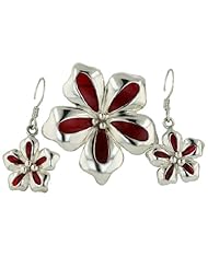 Sterling Silver Red Enamel Flower Fish HookEarrings and Pendant Set 16 inches chain