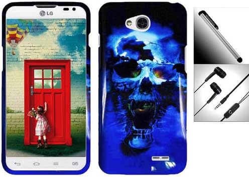 LG Optimus L70 Valuable Bundle -1 Extraordinary Elegant Blue Skull Artistic Design Snap-On Hard Cover Protector Case + 1 Random Color Handsfree Headset 3.5MM Stereo Earphone + 1 Free Bonus Garnet House 4"L Silver Stylus Touch Screen Pen