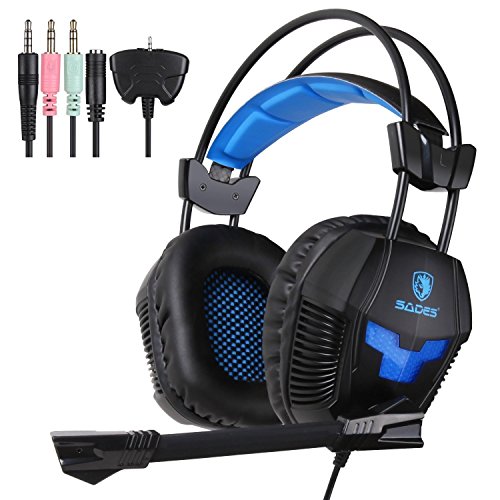 UL [2016 New Update]SADES Stereo Gaming Headset, SA921 Lightweight Over Ear Computer Gaming Headphones 3.5mm Jack with Mic for Laptop PC/MAC/PS4/XBOX ONE/Phones With Splitter Adapter(Black Blue)
