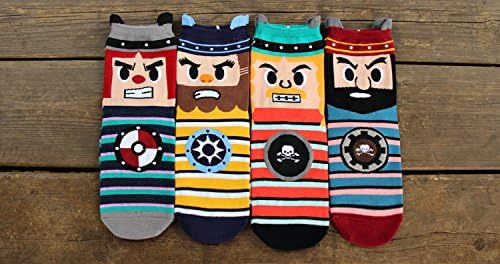 4 Pairs Soft Comfortable Novelty Crew Caribean Pirates Pattern Stripe Cotton Socks