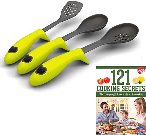 Kitchen Cooking Utensils with Built-in Stand Starter Set, Green, Set of 3 with Cooking Secrets Ebook