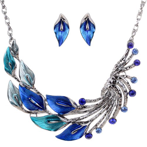 Yazilind Ethnic Style Tibetan Silver Blue Peacock Crystal Chunky Bib Earrings Necklace Set Wedding Party 2pcs image