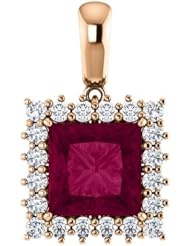 10K Rose Gold 8.00x8.00mm Princess Cut Rhodolite Garnet and Diamond Pendant -- LIFETIME WARRANTY