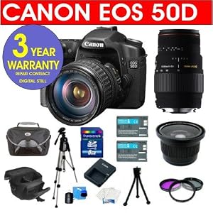 Canon EOS 50D 15.1 Digital SLR Camera with 28-135mm IS Lens + Sigma 70-300MM Macro Zoom Lens + High Definition .40X Super Wide Fisheye Lens + High Capacity Li-Ion Battery + 8 GB Memory Card + 50