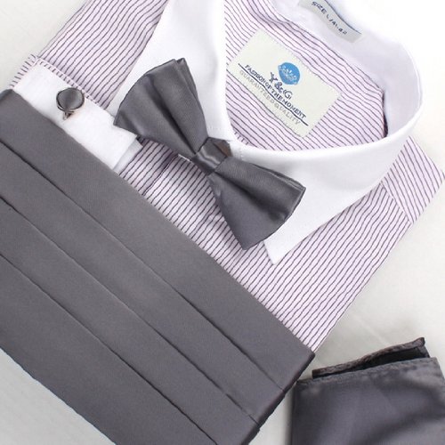 Dim Gray Silk Bow Tie Hanky Cufflinks Groom Gift Idea Pre-tied Bow Tie and Cummerbund Set Cm1003