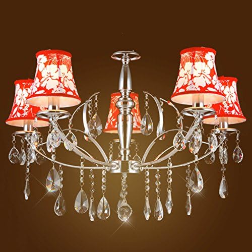 BYB® T8004-5 Modern 5-Light Chandelier, Arching Rectangular Arms, Polished Chrome Finish with Fabric Shades and K9 Optical Crystal Column Ornament