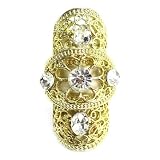Statement Knuckle Ring; 2L; Gold Metal; Clear Rhinestones; Hinged For Movement; Stretches To Fit