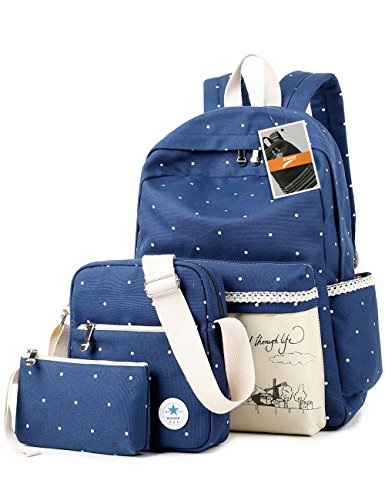 Leaper Casual Dots Cute Canvas laptop Bag School Backpack Cross-body Bag Pencil Bag 3PCS Set(Dark Blue)