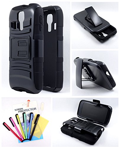 Thousand Eight(TM) For Kyocera Hydro Icon (C6730) - Hybrid Armor Stand Case With Holster and Locking Belt Clip + [LCD Screen Protector Shield(Ultra Clear)+Thousand Eight(TM)Touch Screen Stylus] (Holster Black)