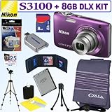Nikon Coolpix S3100 14 MP Digital Camera (Purple) + 8GB Deluxe Accessory Ki ....