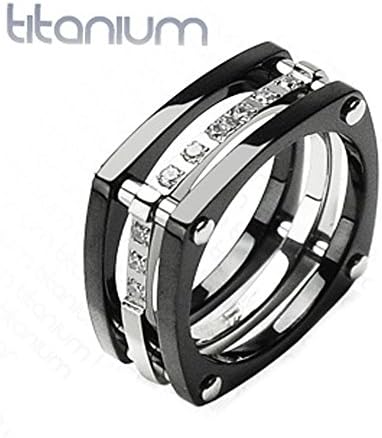 Solid Titanium Ring with IP Black Squared Band and Cubic Zirconia, Ring Width of 11MM