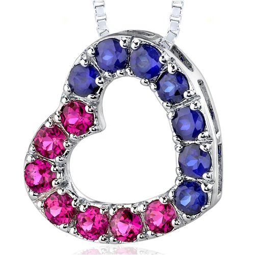 Sterling Silver with 2.00 carats total weight Round shape Ruby and Blue Sapphire Open Heart Pendant Necklace