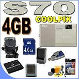 Nikon Coolpix S70 12.1MP Digital Camera w/5x Optical VR Zoom (Champagne/Beige) BigVALUEInc Accessory Saver 4GB EL12 Battery/Charger Bundle