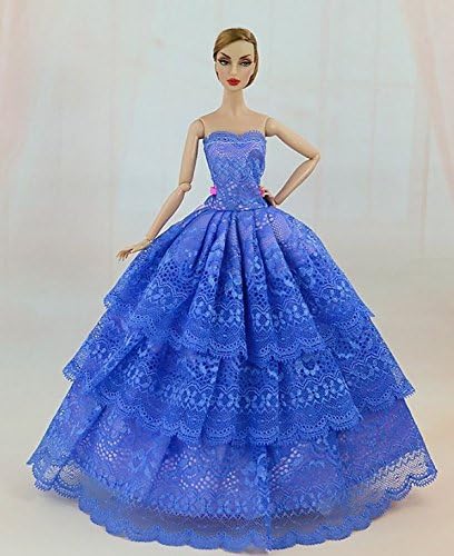 Barbie Handmade Sweet Blue Layered Flower Lace Gown Clothes Wedding Evening Party Outfit Dress