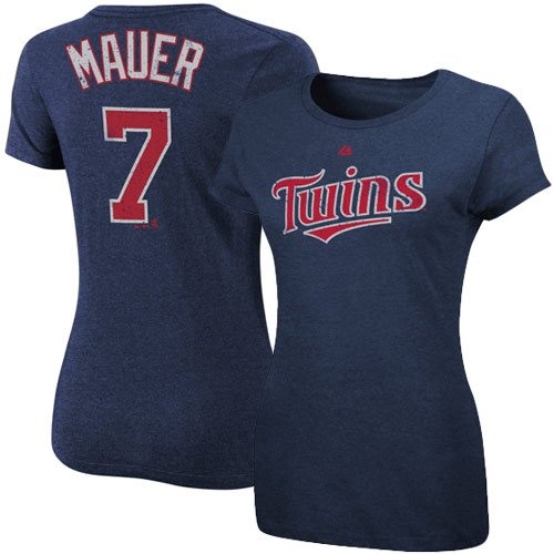 MLB Joe Mauer Minnesota Twins Women's Short Sleeve Crew Neck Tee (Ath Navy Heather, Medium)