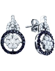 14K White Gold 1.09CT BlackRound Cut DiamondDouble Hoop Fashion Earring