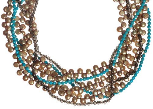 14k Yellow Gold Stabilized Turquoise, Smoky Quartz and Dyed Cultured Pearl Necklace, 18''
