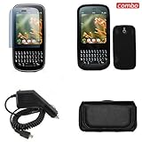 Palm Pixi CDMA Sprint Combo Solid Black Silicon Skin Case Faceplate Cover + LCD Screen Protector + Rapid Car Charger + Black Horizontal Leather Pouch for Palm Pixi CDMA Sprint