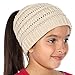 Plum Feathers Beanie Tail Kids Soft Stretch Cable Knit Messy High Bun Ponytail Beanie Hat (Beige)