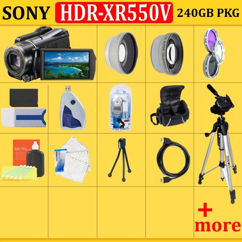 Sony HDR-XR550V 240GB High Definition Handycam Camcorder + HUGE ACCESSORIES PACKAGE INCLUDING WIDE ANGLE MACRO LENS + 2X TELEPHOTO + 3 PC FILTER KIT + 4GB PRO DUO MEMORY CARD + 2x EXTENDED LIFE BATTERIES + CARRYING CASE + TRIPOD & MUCH MORE !!